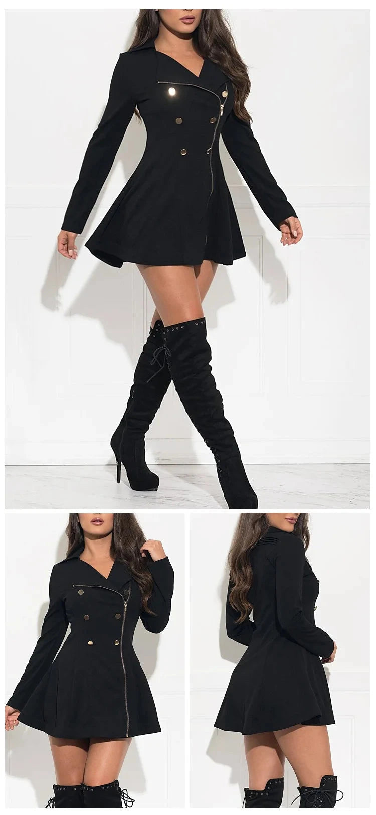Black Violetta coat dress by Lumina Vancouver, stylish mini dress with a luxe, sophisticated design and elegant silhouette.
