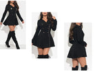 Black Aurora Nightfall Luxe coat dress by Lumina Vancouver, stylish mini dress with elegant design, shown in a sleek black fabric.