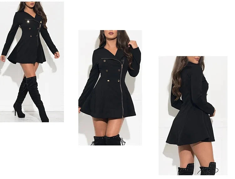 Black Aurora Nightfall Luxe coat dress by Lumina Vancouver, stylish mini dress with elegant design, shown in a sleek black fabric.