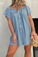Black off-shoulder denim mini dress by Lumina Wear featuring a fitted silhouette and stylish design.
