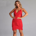 Black Lumina Wear Kai mini dress with fringed detailing, showcasing a stylish fit and fashionable design.