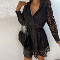 Black Nova lace mini dress with collared neckline by Lumina Wear, featuring intricate lace details and a stylish collar.
