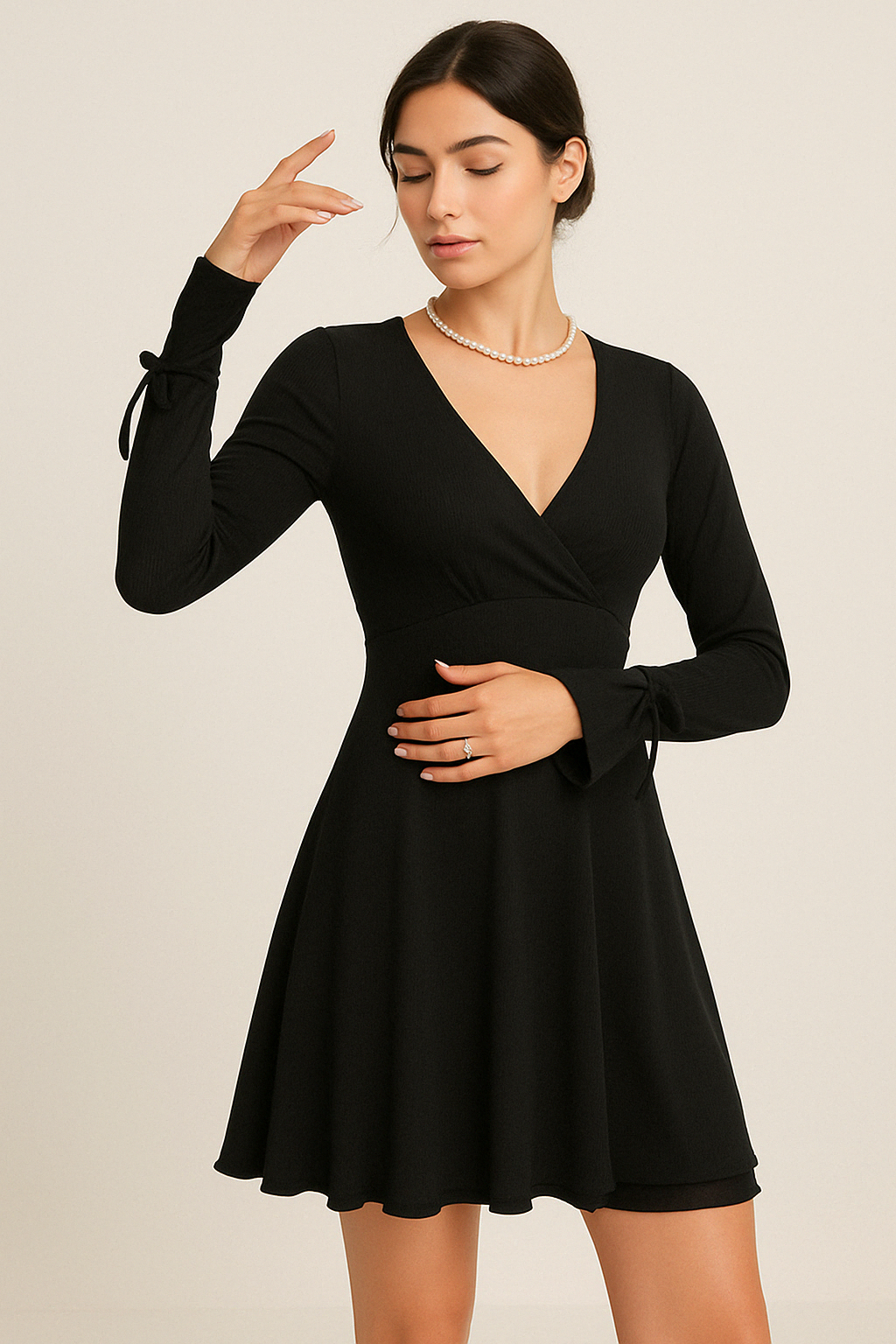 Black Gwyneth mini dress by Lumina Vancouver with flared sleeves and deep V-neck, shown on a model.