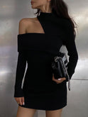 Black Nova off-shoulder mini bodycon dress by Lumina Wear, featuring a fitted silhouette and stylish off-shoulder design.