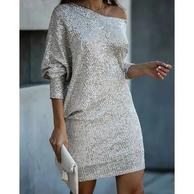 Black Lumina Vancouver Olwen sequin mini dress with round neckline, stylish and fitted for evening wear.