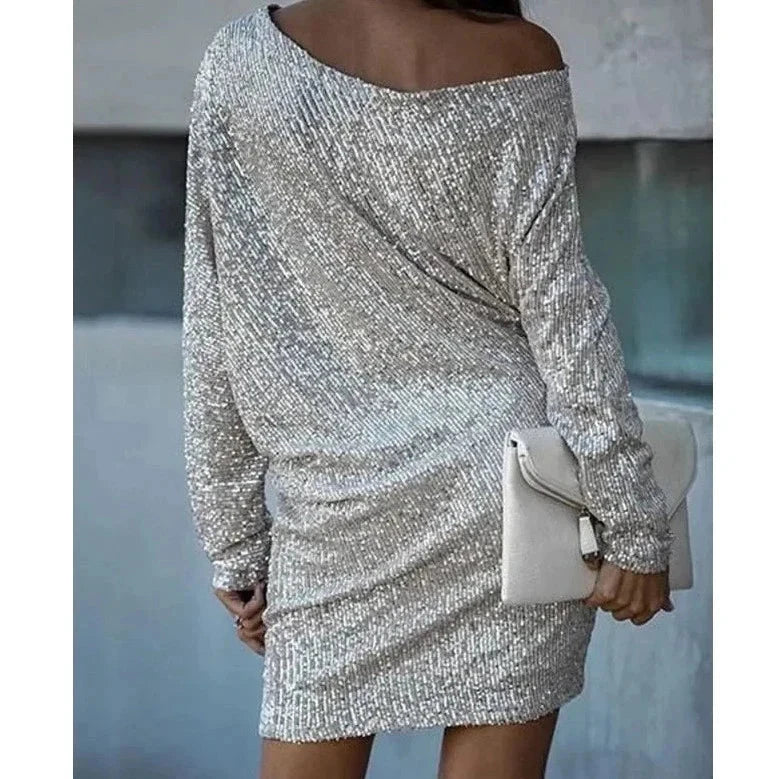 Black Lumina Vancouver Olwen sequin mini dress with round neckline, stylish and sparkling for evening wear.