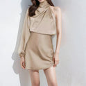 Black Novae mini dress by Lumina Wear featuring a stylish one-shoulder satin design.