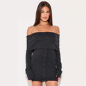 Black Novara Lumina Wear button-front ribbed knit off-shoulder mini dress, showcasing a fitted silhouette and stylish design.