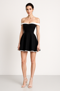 Black Novara Satin Sweetheart Off-Shoulder Mini Dress by Lumina Wear, featuring a fitted silhouette and elegant off-shoulder design.