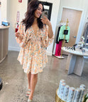 Lumina Wear Elara chiffon short floral mini dress in blue, featuring a lightweight, flowy fabric and stylish design.