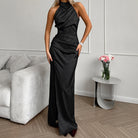 Blue satin mini gown with halter neck by Lumina Vancouver, featuring elegant, smooth fabric and stylish sleeveless design.