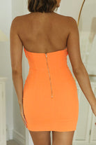 Blue Brynhild strapless mini dress with ruched bust from Lumina Vancouver, shown on a model.
