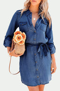 Deep blue Zoe Lumina Wear denim shirt dress, mini length with button-down front, styled as a casual, trendy women's dress.