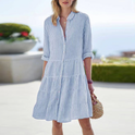 Green Astraea striped button-up mini dress by Lumina Wear, featuring a fitted silhouette and classic collar design.