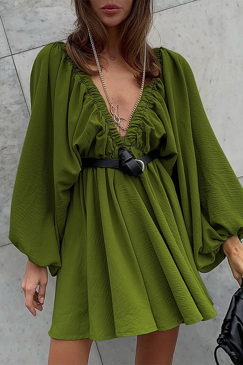 Green Camellia Lantern-Sleeve Mini Dress with deep V-neck by Lumina Vancouver, featuring flowing lantern sleeves and a fitted silhouette.
