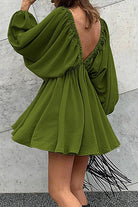 Green Camellia Lantern-Sleeve Mini Dress with deep V-neck by Lumina Vancouver, shown on a model against a neutral background.