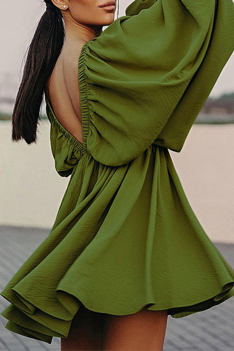 Green Camellia Lantern-Sleeve Mini Dress with deep V-neck by Lumina Wear, featuring a stylish mini length and flowing lantern sleeves.