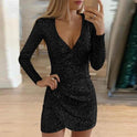 Grey Lumina Wear Nova bodycon mini dress with deep V-neck, fitted silhouette, and sleeveless design on a model.