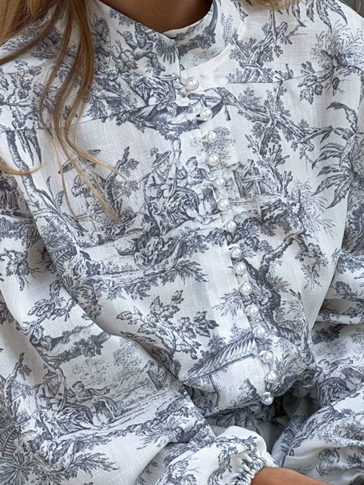 Primrose A-Line mini dress by Lumina Vancouver in grey Toile de Jouy print, showcasing a stylish and elegant dress design.