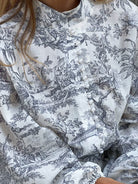 Primrose A-Line mini dress by Lumina Vancouver in grey Toile de Jouy print, showcasing a stylish and elegant dress design.