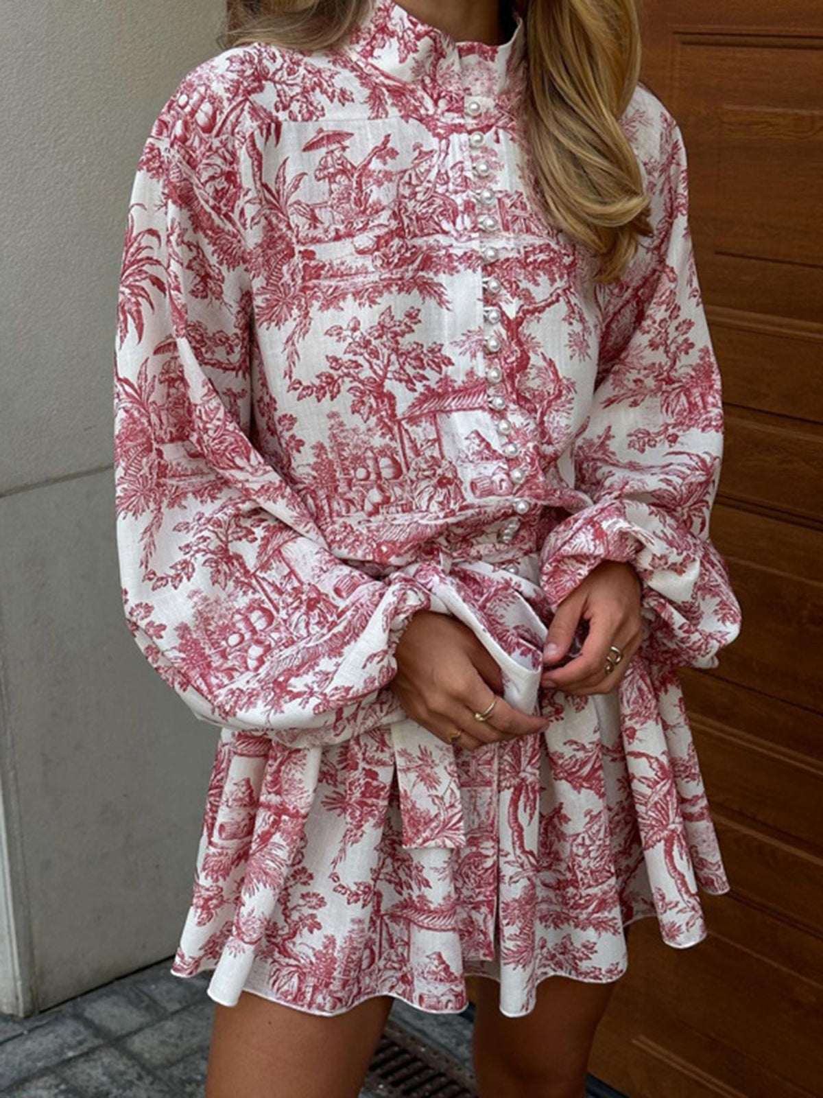 Lumina Vancouver Primrose mini A-line dress in grey Toile de Jouy print, showcasing a stylish and elegant silhouette.
