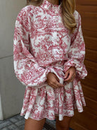 Lumina Vancouver Primrose mini A-line dress in grey Toile de Jouy print, showcasing a stylish and elegant silhouette.