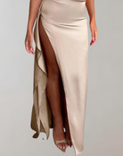 Khaki satin mini evening gown with slit by Lumina Vancouver, featuring elegant design and fitted silhouette.