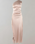 Khaki satin Gabrielle gown with slit, designed by Lumina Vancouver, featuring a sleek mini dress style and elegant evening wear details.
