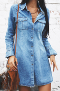 Light blue Azure Willow denim shirt dress by Lumina Wear, mini dress style with collar and button front, casual and stylish.