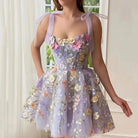 Light purple Calista sleeveless embroidered mini dress by Lumina Vancouver, featuring intricate embroidery and a stylish fit.