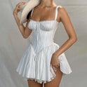 Navy blue satin Anja mini dress by Lumina Wear featuring an open back and fitted silhouette for women.