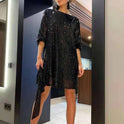 Black Aria Sapphire sequin mini dress by Lumina Wear, featuring a fitted silhouette and elegant neckline, perfect for evening wear.