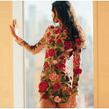 Lumina Wear Zenobia mini dress with pink and red floral embroidery, featuring a fitted silhouette and short sleeves.