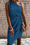 Pink Artemis Lumina Wear mini one-shoulder wrap dress styled for a chic evening look.