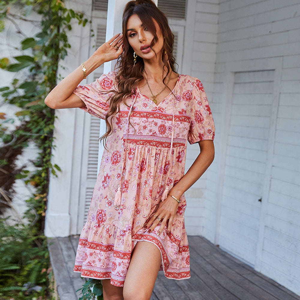 Pink Orvokki Rose A-Line Mini Dress by Lumina Vancouver, featuring a flattering fit and stylish design in a close-up view.