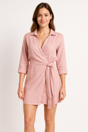 Pink Lumina Wear Tuuli cotton linen wrap mini dress with a flattering fit and stylish design, perfect for casual or summer wear.