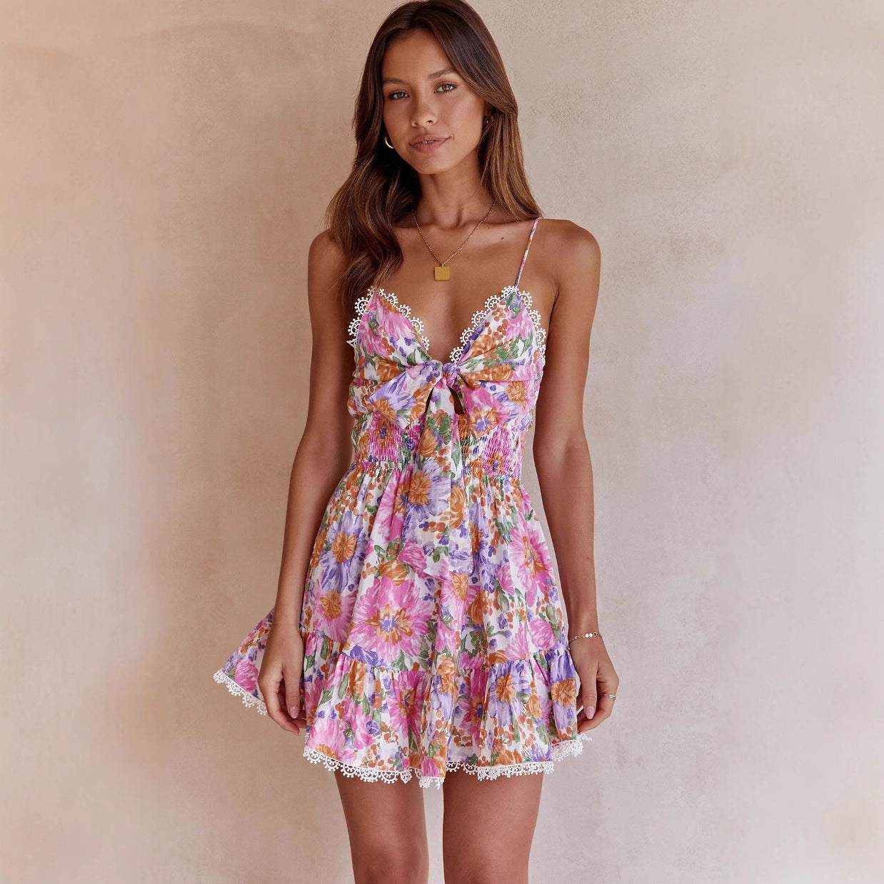Pink floral lace A-line mini dress by Lumina Vancouver, elegant and stylish with intricate lace details.