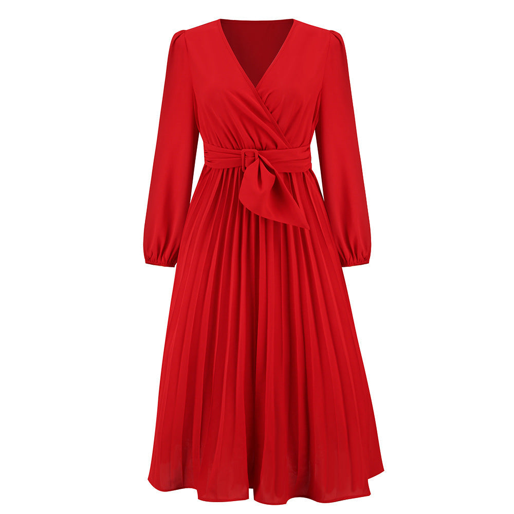 Nova | Long-Sleeved V-Neck Pleated Dress - Lumina Vancouver - Lumina Vancouver
