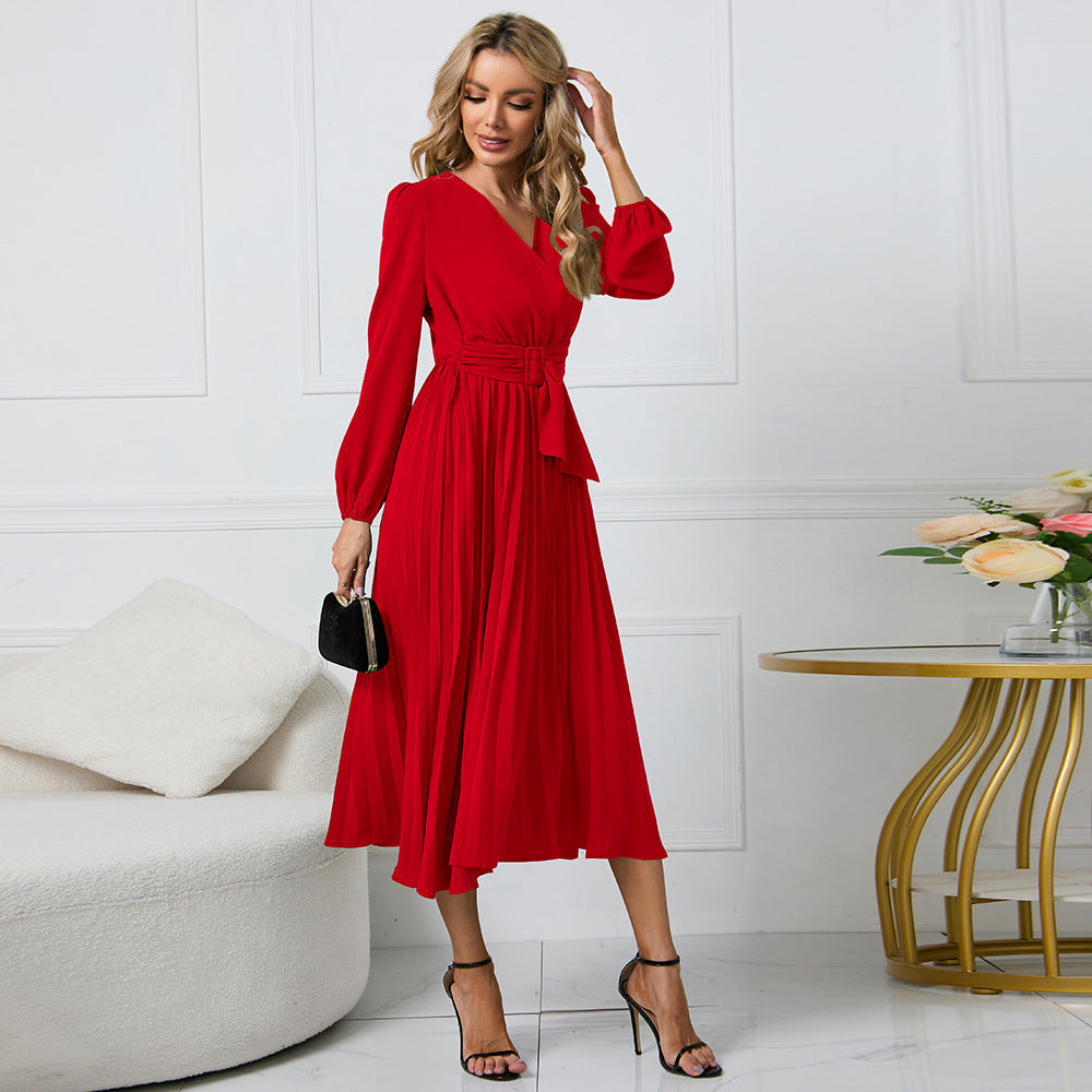 Nova | Long-Sleeved V-Neck Pleated Dress - Lumina Vancouver - Lumina Vancouver
