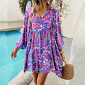 Purple Lumina Wear Nova short dress featuring a rayon floral print, mini length, perfect for casual and summer wear.