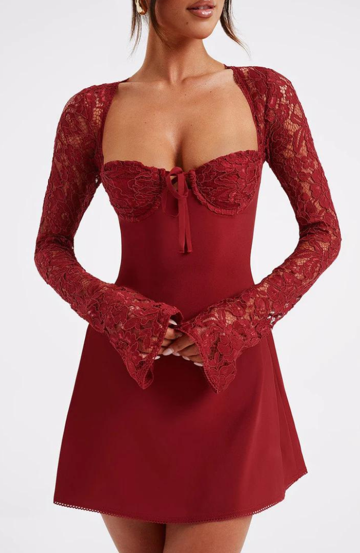Red Lumina Wear Dagny lace mini dress with long sleeves, stylish and fitted for elegant occasions.