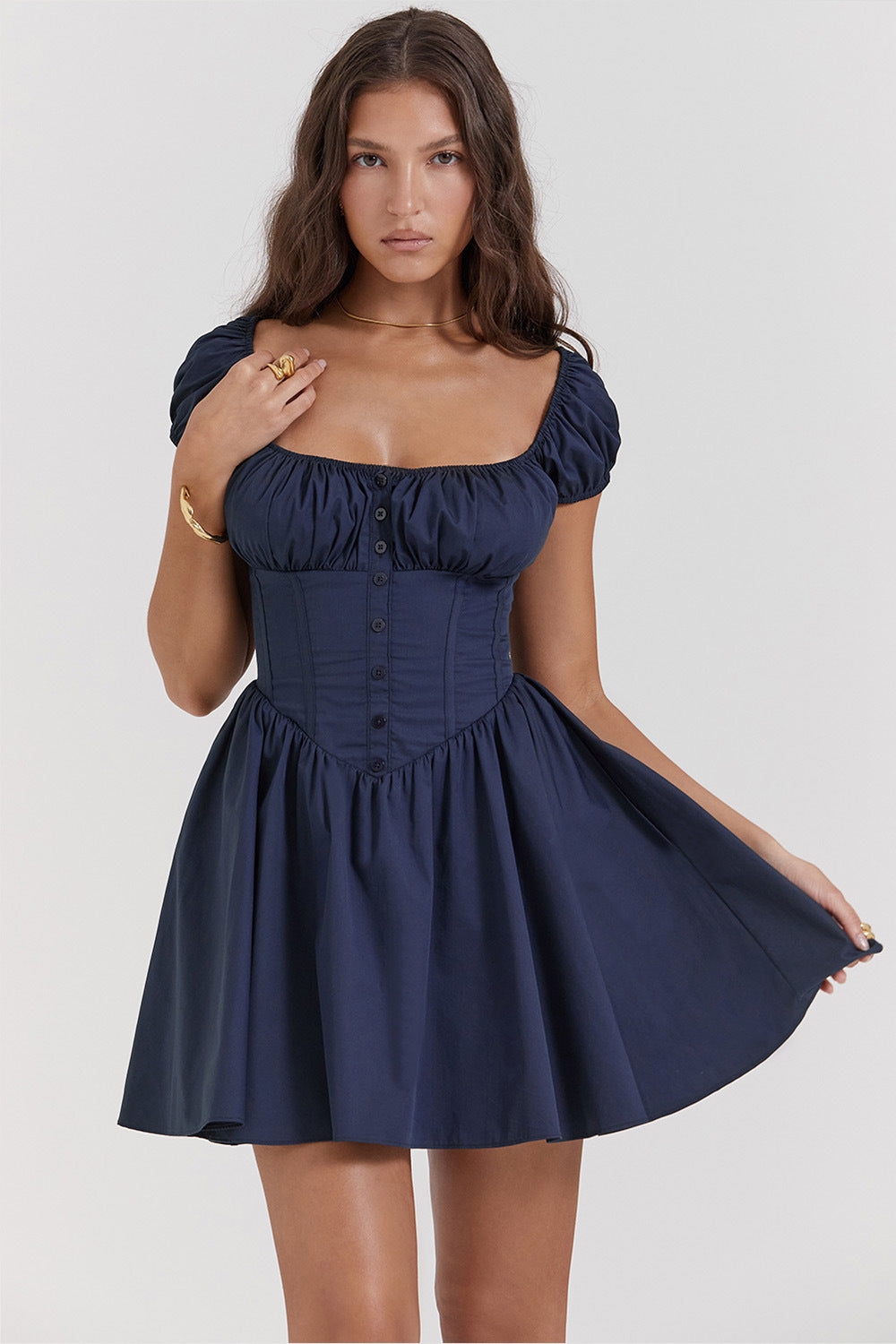 Red Lumina Vancouver Clementina mini dress with button-front A-line design, sleeveless and stylish for casual or semi-formal wear.
