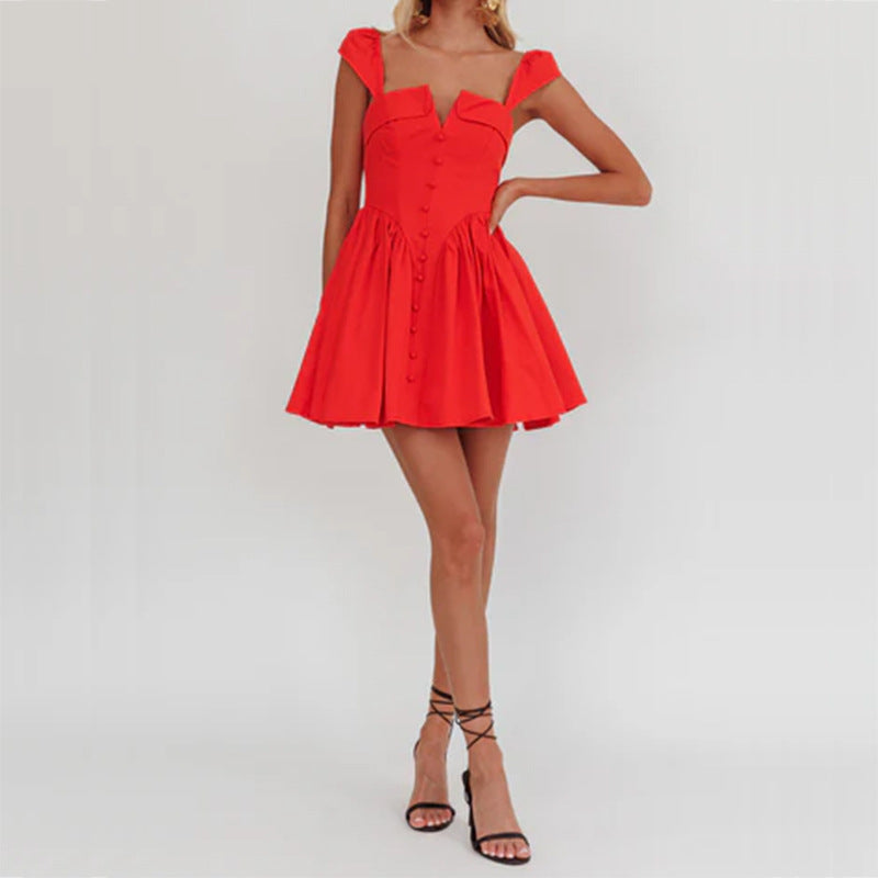 Red Lumina Vancouver Fenella mini dress with square neckline, fitted style, and short sleeves, displayed on a hanger.