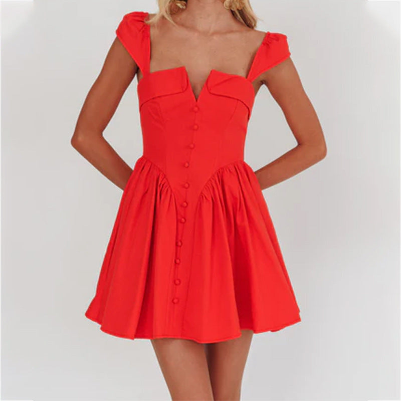 Red Lumina Vancouver Fenella mini dress with square neckline, stylish and fitted, perfect for casual or semi-formal occasions.