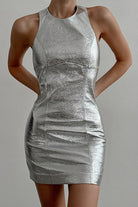 Silver Lumina Vancouver Vigdis Nova Couture halter mini dress with a fitted bodice and stylish halter neckline.