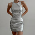 Lumina Wear Tallulah women's PU leather mini dress in silver, fitted with a sleek, stylish design perfect for fashionable occasions.