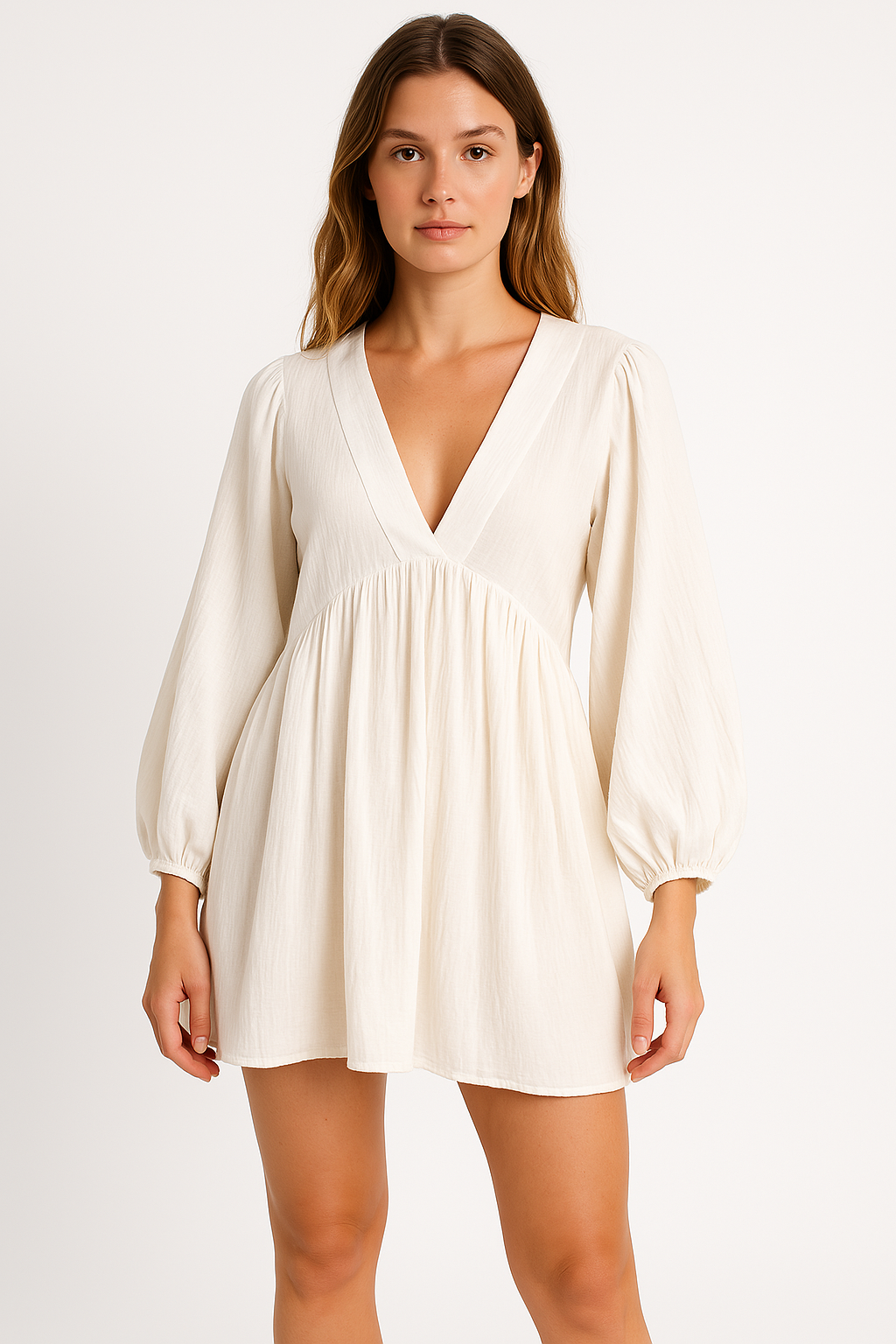 White Jacinta mini dress with sheer V-neck from Lumina Vancouver, showcasing a stylish, flowy design and lightweight fabric.