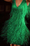 Lumina Wear Elina mini dress with white sequined fringe, sparkling and stylish for evening wear, shown in a close-up image.