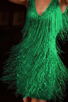 White Elina Fringe Mini Dress by Lumina Vancouver with sequined sparkle and fringe details, perfect for stylish evening wear.