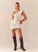Lumina Wear Aurora textured knit one-shoulder mini dress in white, stylish and form-fitting for trendy occasions.